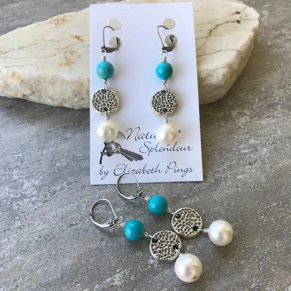 Turquoise - Pearl Earrings - Artisan Sterling Silver - Blue Earrings